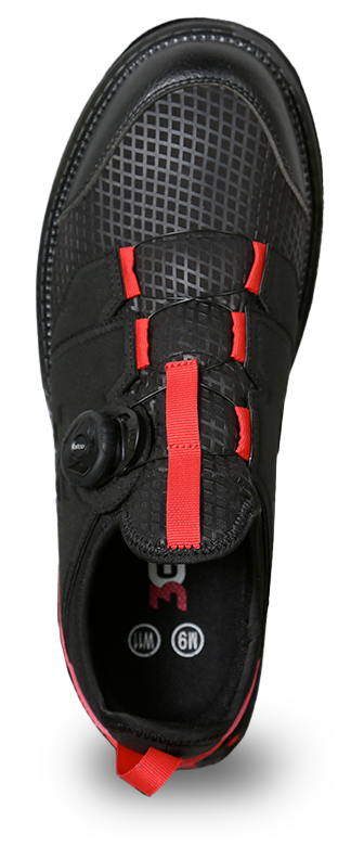 3G Speed Dial+ Black/Red Bowling Shoes * Atop System allows you to dial in the tightness in micro steps with one hand operation, pull out guide for ease to step in and out of shoe * Hot melt diamond plated mesh upper * Interchangeable slide sole on slide foot only