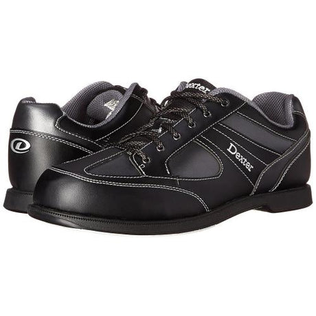 Dexter Pro Am II Black/Grey Bowling Shoes Soft Durable Man-Made Upper Blucher upper pattern for adjustable fit Fully Fabric-lined with Padded Tongue and Collar Classic Rubber Outsole Raised Heel Rubber push-off sole Microfiber S8 slide soles on slide shoe