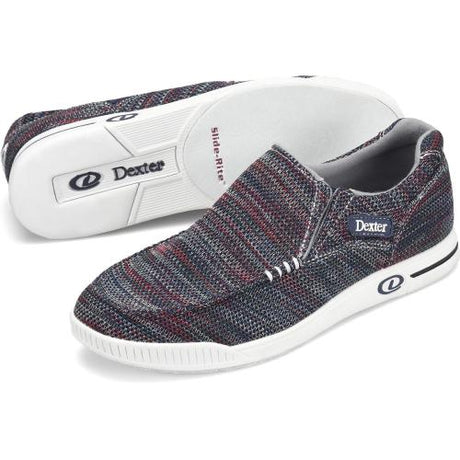 Dexter Kam Multi Navy Bowling Shoes Lightweight & cool cotton canvas upper Slip on pattern for ultimate convenience Side vents for breathability Molded removable blown EVA footbed Non-marking rubber outsole w/defined heel S8 microfiber slide soles on both shoes