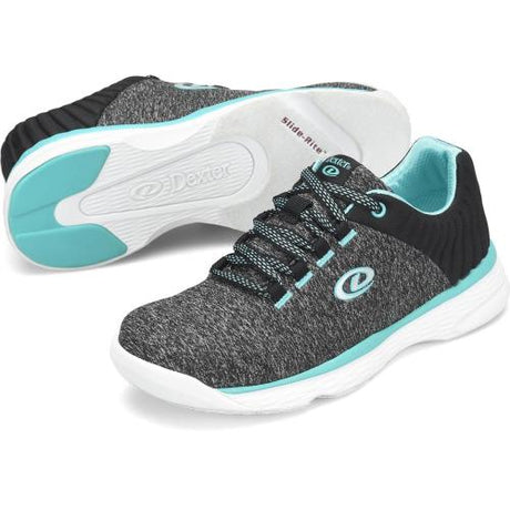 Dexter Elin Grey/Teal Bowling Shoes Lightweight Breathable Knit Upper Fully Fabric-Lined with Padded Tongue and Collar U-Throat Upper Pattern Molded Removable Blown EVA Footbed DexLite Outsole  Slide Shoes: Fixed S8 Slide Soles Fixed Non-Marking Defined Heel