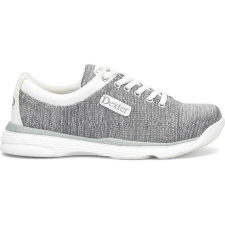 Dexter Ainslee Grey/White Bowling Shoes Lightweight Breathable Knit Upper Fully Fabric-Lined with Padded Tongue and Collar Seamless Toe Design for Maximum Comfort Blucher Lace-to-Toe Upper Pattern Molded Removable Blown EVA Footbed DexLite Outsole Slide Shoes: Fixed S9 Slide Soles. Fixed Non-Marking Defined Heal