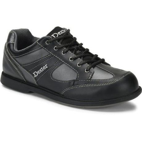 Dexter Pro Am II Black/Grey Bowling Shoes Soft Durable Man-Made Upper Blucher upper pattern for adjustable fit Fully Fabric-lined with Padded Tongue and Collar Classic Rubber Outsole Raised Heel Rubber push-off sole Microfiber S8 slide soles on slide shoe