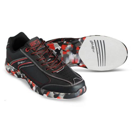 KR Strikeforce Flyer Lite Red Camo Bowling Shoes * Soft, durable man-made upper * Injection EVA outsole for lightweight, flexible and uniform cushion with FlexLite Technology™ * High abrasion non-marking rubber heel pods for slide control * Strobel lasted for increased comfort * #8 white microfiber slide pad on both shoes with FlexSlide Technology™ * Open Cell Foam Deluxe Footbed * 